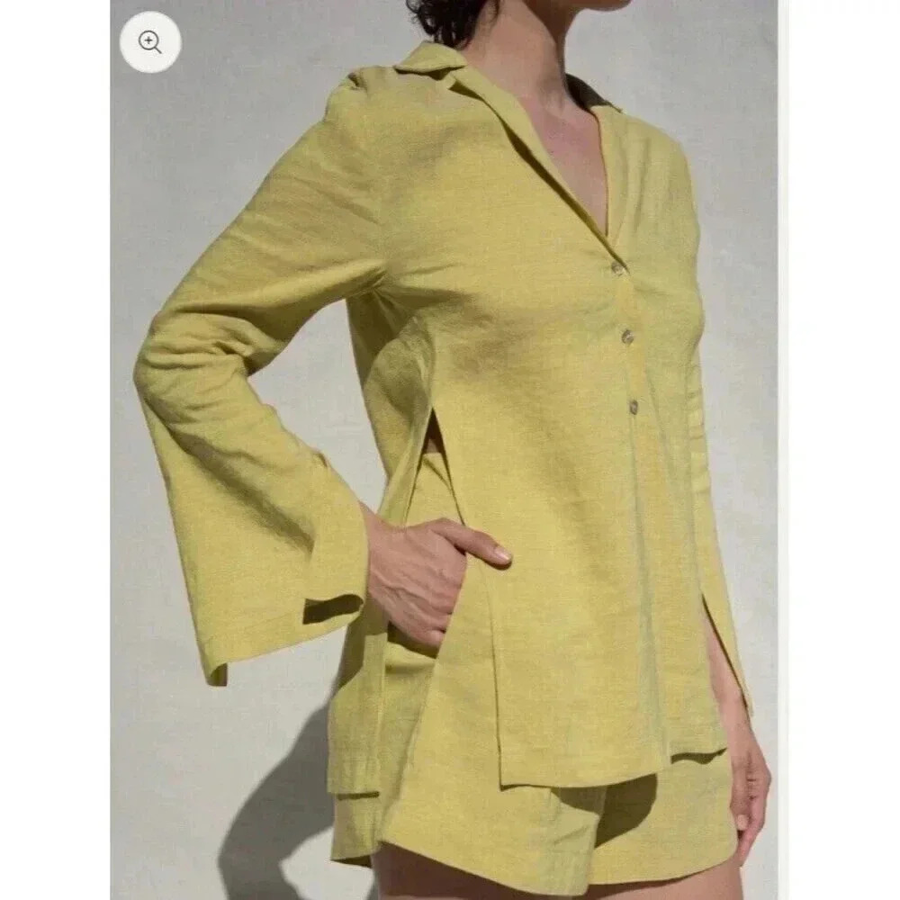 SIWULA All Summer Long Open Neck Line Long Sleeve Effortless Chic Linen Top Sz L